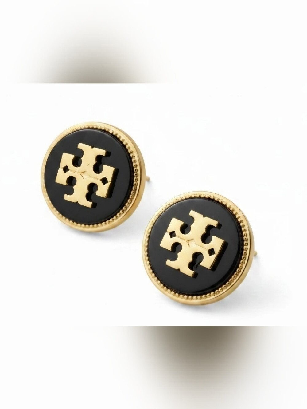Tory Burch Black and Gold Logo Stud Earrings